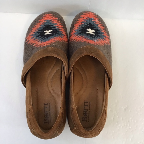 BORN Women's Brown Suede Slip-On Clogs Coral Blue Woven Southwest Accent 9 - Picture 5 of 8